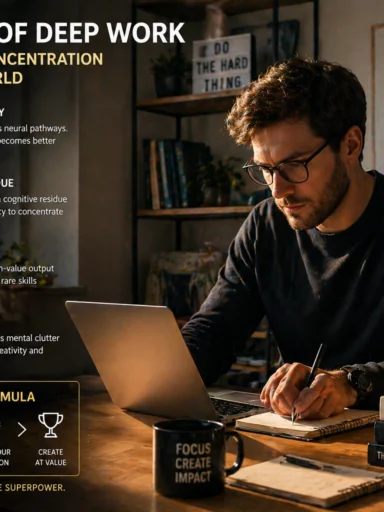 Digital entrepreneur focusing on deep work at a clean desk with a "concentration" neural map overlay.