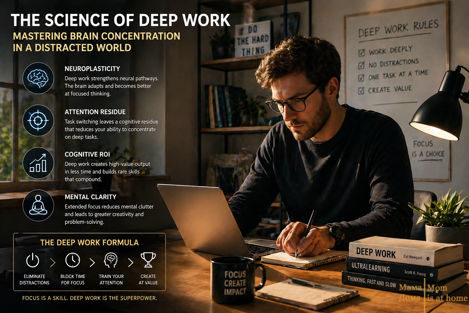 Digital entrepreneur focusing on deep work at a clean desk with a "concentration" neural map overlay.